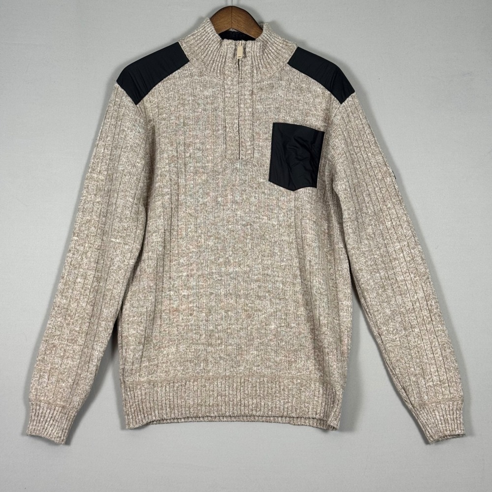 Bench Quarter Zip Sweater Men EU 50 Tan Marled NWT Ribbed Contrast Pocket 129419